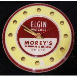 Elgin watches advertising clock, electrified and illuminating advertising clock, for "Morey's