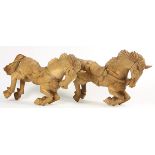 Pair of Continental carved wood sculptures, depicting horses rearing with front legs raised, 18.5"