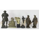 (Lot of 6) Continental figural group, each executed in patinated metal, including Salomon de Caus, a
