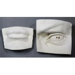 (Lot of 2) Modern plaster cast of Michelangelo's "David" eye and lips, largest: 4"h x 7"w x 7"d