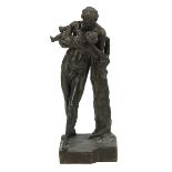 Classical style patinated bronze figural sculpture, depicting a partially nude man carrying a child,