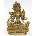 Sino-Tibetan gilt bronze figure of Tara, the delicately shaped face topped with an elaborate five