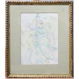 American School (20th century), Ladies with Geese, watercolor on paper, signed indistinctly "El