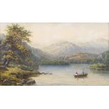 Lev Felixovich Lagorio (Russian, 1827-1905), Mountain Lake Scene with Figures in a Boat,