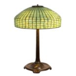 Tiffany Studios New York geometric table lamp, the large 18.5" shade with a repeating green