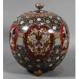 Japanese cloisonne lidded jar, the globular body with flowers on black ground, dragons, phoenix