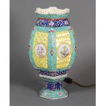 Chinese enameled porcelain lantern/lamp, now electrified, the hexagonal shade with floral reserves