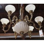 Empire style gilt bronze and alabaster chandelier, having six lights with alabaster shades, above