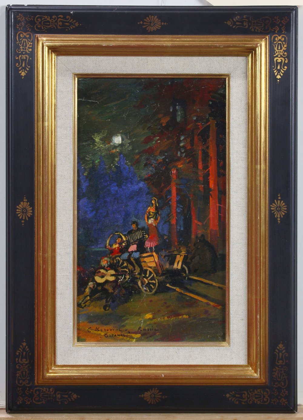 Konstantin Alexseyevitch Korovin (Russian, 1861-1939), "Gypsies," oil on board, signed and titled - Image 2 of 4