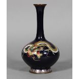 Japanese cloisonne vase, the stick neck above bulbous body, decorated with a dragon on black ground,