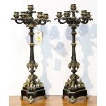 Pair of Charles X bronze and patinated bronze candelabra, each having six lights, with scrolled