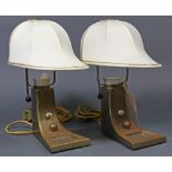 Pair of Art Deco brass lamps, each having a jockey helmet form shade, rewired, 12"h x 7"w x 10"d