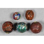 (lot of 5) Japanese ojime beads, 19th century, of various shapes and design, including cloisonne,