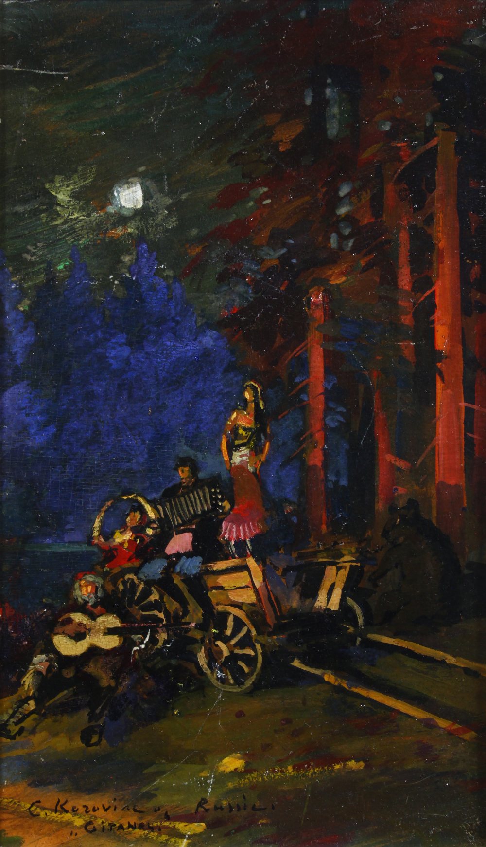 Konstantin Alexseyevitch Korovin (Russian, 1861-1939), "Gypsies," oil on board, signed and titled