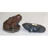 (lot of 2) Figural garden sculptures of frogs, one in cement, the other in stone, largest: 6"h