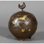 Japanese bronze censer, inome shaped openwork with a dove on top, having a bulbous body with