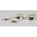 (lot of 2) Danish Georg Jensen sterling silver sugar/condiment spoons in the "Blossom" pattern, 6"l,