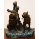 Bronze figural group depicting a pair of retrievers in a naturalistic setting, signed Johnson, 13'