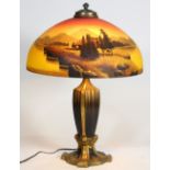 American reverse glass painted table lamp, possibly Jefferson or Miller, depicting a lake scene with