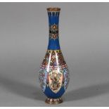 Japanese cloisonne vase, having a long neck above the blue ovoid body on a short support, lappet