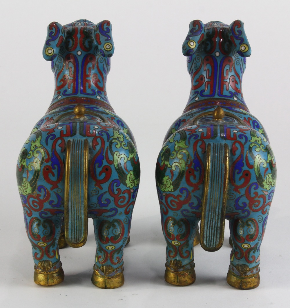 (lot of 4) Pair of Chinese cloisonne mythical beasts, in formal stance on all fours, the turquoise - Image 3 of 9