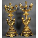 Pair of French Napoleon III style gilt bronze and marble seven-light candelabra, each with double