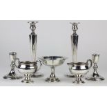 (lot of 7) American weighted sterling silver compote, coffee, creamer, and four candle holders,