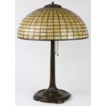 Tiffany Studios New York geometric table lamp circa 1910, the 16" shade with a repeating yellow