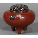 Japanese reddish enameled censer with the silver openwork lid, and compressed