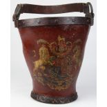 English fire bucket, 19th century, executed in leather and canvas, centering a polychrome painted