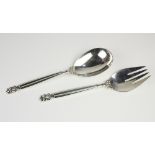 (lot of 2) Danish Georg Jensen sterling silver "Acorn" pattern large salad serving fork and spoon,