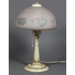 Handel reverse painted table lamp, having a dome shade above a single light continuing to a baluster