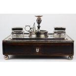 (lot of 3) English 19th century silver-plate mounted walnut inkstand fronted by a single drawer,