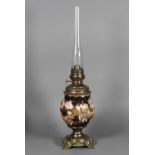 Japanese oil lamp with a tall chimney glass, Meiji period, bulbous body decorated with