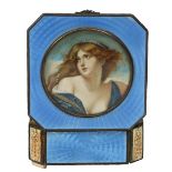 German champleve and scenic decorated jewelry casket, the enamel decorated top centered with a