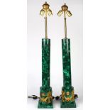 Pair of Empire style malachite lamps, the columnar standard with applied ormolu mounts accented with