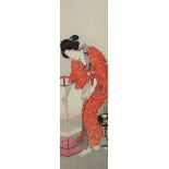 (lot of 4) Japanese woodblock prints: Utagawa Kunisada (1786-1865), of a woman lighting a lamp;