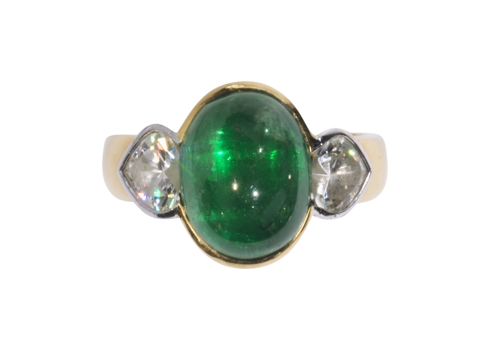 Emerald, diamond, 18k yellow gold and platinum ring centering (1) oval emerald cabochon measuring