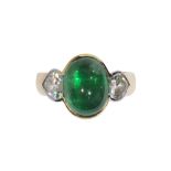 Emerald, diamond, 18k yellow gold and platinum ring centering (1) oval emerald cabochon measuring