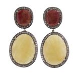 Pair of diamond, sapphire, ruby, 18k yellow gold and sterling silver drop earrings featuring oval