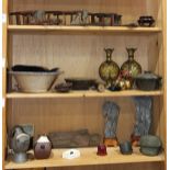 (lot of approx. 25) Three shelves of miscellaneous decorative items, including a stone Buddha, a