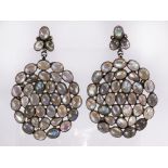 Pair of labradorite, diamond and silver drop earrings comprised of labradorite cabochons weighing