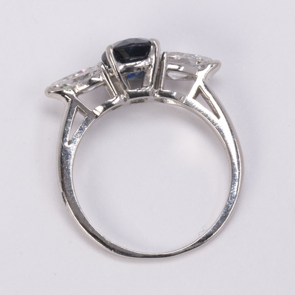 Sapphire, diamond and platinum ring centering (1) oval-cut sapphire weighing approximately 1.60 - Image 3 of 3