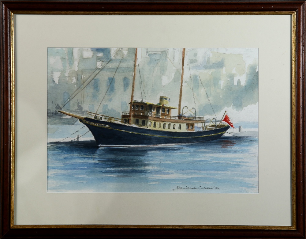 Desideria Corsini (American, 20th century), Boat in the Harbor, 2006, watercolor and graphite on