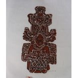 (lot of 4) Maya Deities, 20th century, original black and red charcoal temple rubbings, each