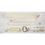 (Lot of 14) Cultured pearl, yellow metal and silver jewelry comprised of one shell cameo and 14k