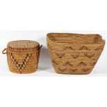 (lot of 2) Pacific Northwest Indian basket group, Haida or Tlingit, having polychrome natural dyed