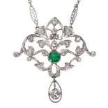 Edwardian emerald, diamond and platinum lavaliere necklace centering (1) emerald-cut emerald