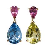 Pair of Christian Dior Tourmaline, blue topaz, citrine and 18k yellow gold ear pendants featuring