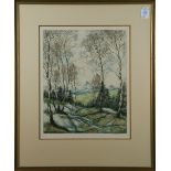 (lot of 2) Pastoral and Mountain landscapes, 20th century, colored etchings, each pencil signed